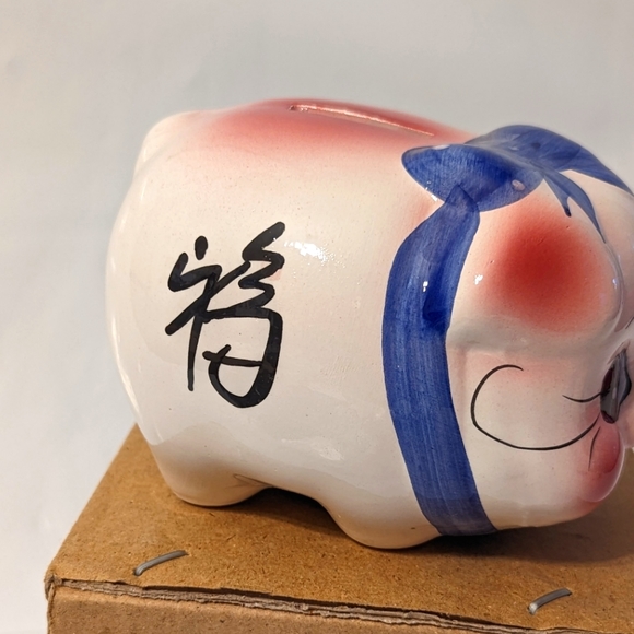 Vintage Ceramic Piggy Bank Big Eyes Blue Bow With Pink Ears Rare #26 - Picture 3 of 6